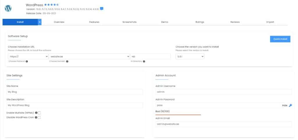 Softaculous WordPress setup page