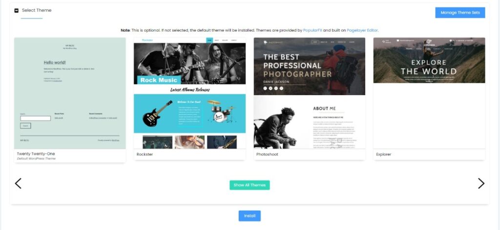 WordPress theme selection interface