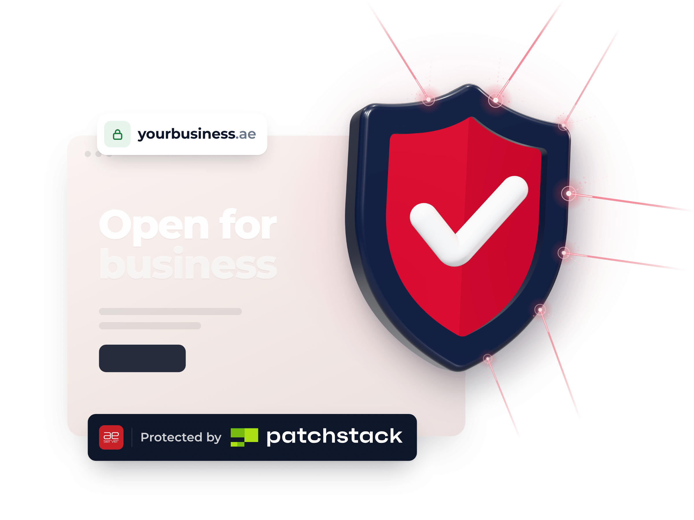 A navy and red shield with a check mark guarding the yourbusiness.ae website, with a Protected by Patchstack badge from AEserver.